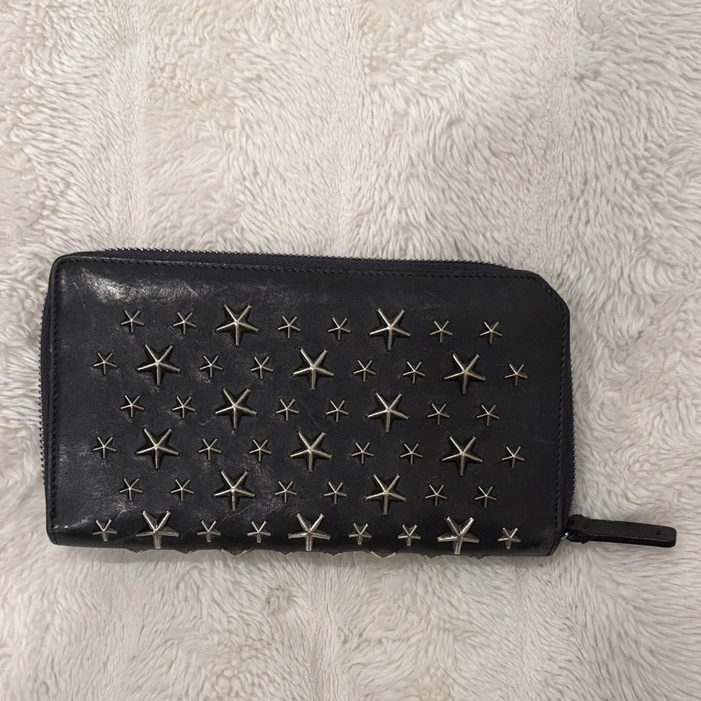 Jimmy Choo Navy Zippy Wallet with Silver Star Studs